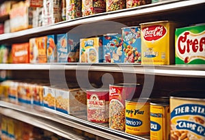 Freshly stocked shelves of food products ready for sale in a retail store, AI-generated.