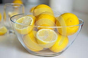 Freshly sun drenched lemons, on background Bokeh.