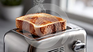 Freshly toasted bread slice on a toaster in a kitchen setting.