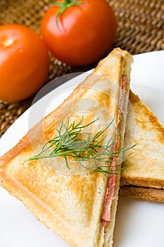 Freshly toasted cheese and ham sandwich