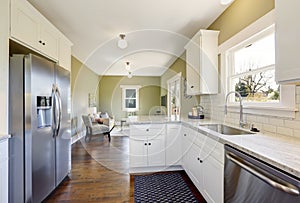 Freshly updated white and green kitchen room interior