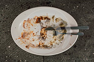 Freshly used white plate with cutlery set for retiring