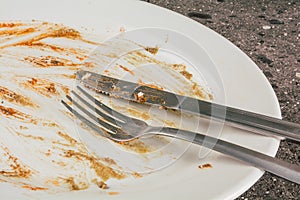 Freshly used white plate with cutlery set for retiring