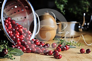 Freshly Washed Cranberries in Stainless Colander