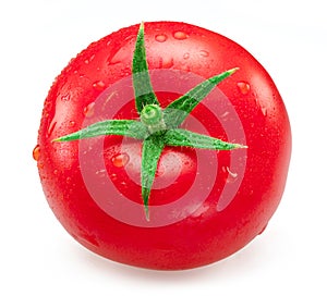 Freshly washed red tomato covered with water drops on white background
