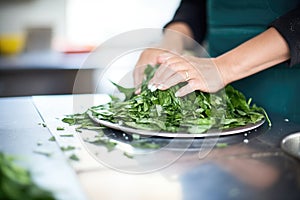 freshly washed spinach being chopped for saag aloo