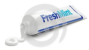 Freshmint toothpaste tube with white and blue packaging standing upright