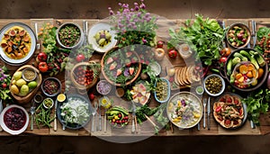 Freshness and abundance of healthy, vegetarian food on wooden tabl photo