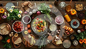 Freshness and abundance of healthy, vegetarian food on wooden tabl photo