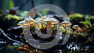 Freshness of autumn Close up of wet, yellow toadstool on forest floor generated by AI