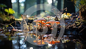 Freshness of autumn forest, green leaves, edible mushrooms, slimy toadstools generated by AI