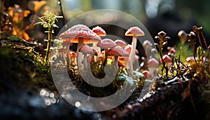 Freshness of autumn green toadstool growth in uncultivated forest generated by AI