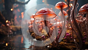 Freshness of autumn growth in uncultivated forest, close up of mushroom generated by AI