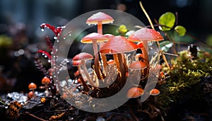 Freshness of autumn growth in uncultivated forest, close up of toadstool generated by AI
