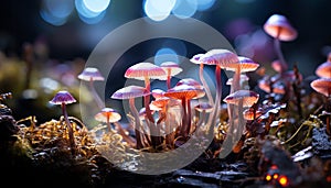 Freshness of autumn growth in uncultivated forest, close up of toadstool generated by AI