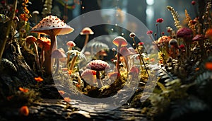 Freshness of autumn growth in uncultivated forest, fly agaric mushroom generated by AI