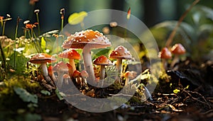 Freshness of autumn orange toadstool growth in uncultivated forest generated by AI