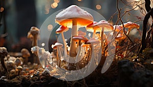 Freshness of autumn, a small toadstool grows in uncultivated forest generated by AI