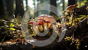Freshness of autumn, a toadstool grows in uncultivated forest generated by AI