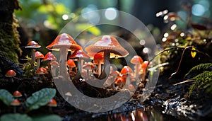 Freshness of autumn, a wet forest with slimy toadstools generated by AI