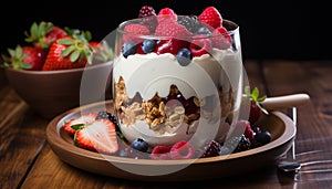 Freshness in a bowl yogurt, berries, granola, and chocolate generated by AI