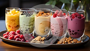 Freshness in a bowl yogurt, berries, granola, milk, chocolate generated by AI