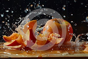 Freshness captured: water droplets scatter around a whole apple and sliced starfruit on a wooden surface