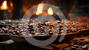 Freshness of coffee bean, heat from flame, selective focus on foreground generated by AI