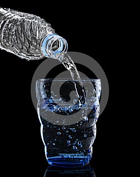 Freshness cool and clean drinking water pouring to blue glass is