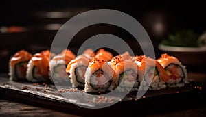 Freshness and cultures on a plate seafood, rice, maki sushi generated by AI