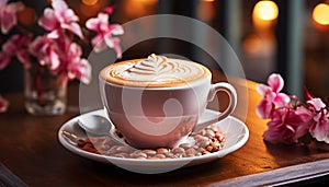 Freshness in a cup coffee, caffeine, heat, aroma, frothy, saucer generated by AI