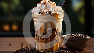 Freshness in a cup coffee, chocolate, cream, whipped, ice generated by AI