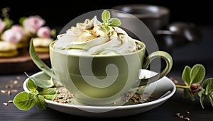 Freshness in a cup coffee, leaf, heat, gourmet, wood, dessert generated by AI