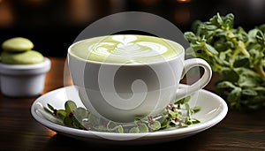 Freshness in a cup, nature heat, green leaf on wood generated by AI