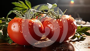 Freshness drops on ripe tomato, nature healthy gourmet salad generated by AI