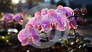 Freshness and elegance in nature vibrant bouquet of orchids generated by AI