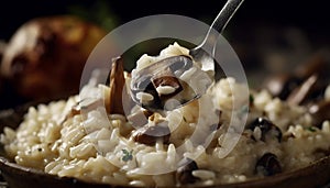 Freshness and focus on foreground Edible mushroom risotto, a gourmet meal generated by AI
