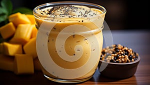 Freshness in a glass coffee, milk, cream, chocolate, and ice generated by AI