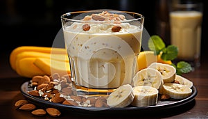 Freshness in a glass healthy milkshake with banana and almond generated by AI