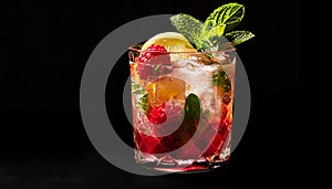 Freshness in a glass Raspberry mojito, mint leaf, lemon slice