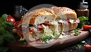 Freshness and gourmet in a healthy ciabatta sandwich with vegetables generated by AI