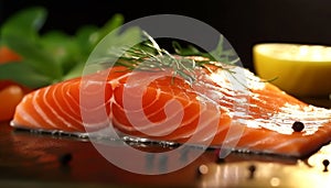 Freshness and gourmet seafood fillet, healthy eating, grilled salmon steak generated by AI