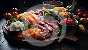 Freshness on the grill meat, vegetable, gourmet, healthy eating, barbecue, spice, steak, garlic, seafood, rice generated