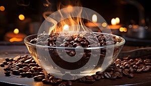 Freshness and heat in a close up of a dark coffee bean generated by AI