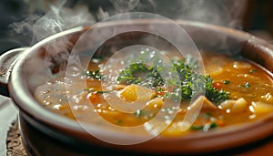 Freshness and heat in a homemade vegetarian soup bowl