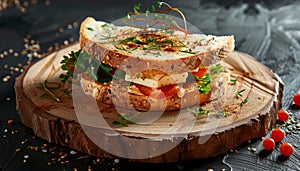 Freshness and indulgence on a rustic wooden plate gourmet sandwich