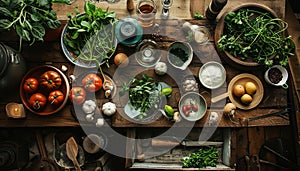 Freshness and indulgence on a wooden table, healthy vegetarian meal