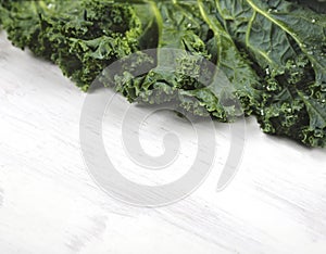 Freshness kale leaves on a white wooden background.