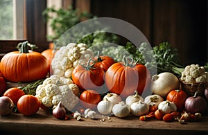 Freshness of nature bounty tomato, pumpkin, onion, garlic, carro
