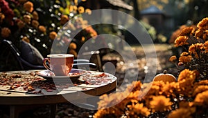 Freshness in nature coffee cup, autumn leaf, wood table generated by AI